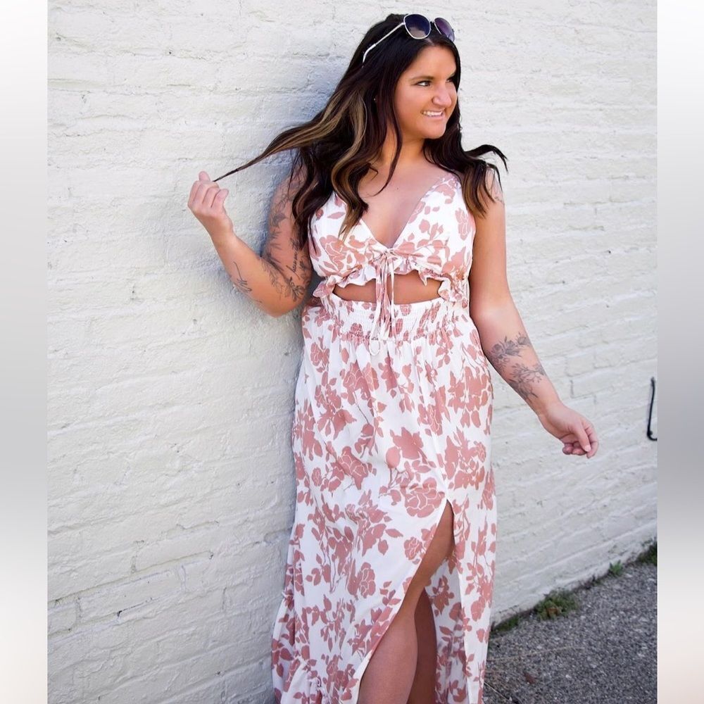 Floral Ruffle Cut Out Maxi Dress